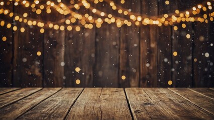 Wall Mural - Rustic brown wood board mockup surface floor and wall with gold bokeh lights background