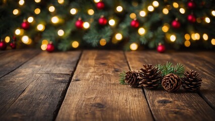 Wall Mural - rustic brown wood board mockup surface with christmas tree and bokeh lights background