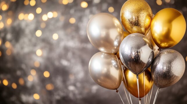 A cluster of shiny New Years balloons in gold, silver, and vibrant colors against a festive studio backdrop. Ideal for holiday greetings and events.