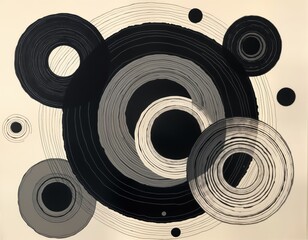 Poster - Abstract art piece features concentric circles in black, grey tones. Layered circles create sense of depth, movement. Circles seem to overlap, intersect, suggesting dynamic interaction. Image wall