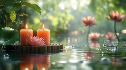 Poster - Tranquil Water Scene with Dual Candles and Blooming Pink Lotus Flowers Amidst Green Nature : Generative AI