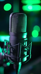 Poster - Dynamic Studio Microphone with Green LED Lighting for Modern Music and Podcast Production : Generative AI