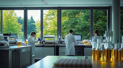 Poster - Research Team Conducting Experiments in a Sunlit Laboratory Surrounded by Greenery : Generative AI