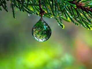close-up of a water droplet hanging from an evergreen tree branch, reflecting the surrounding greene