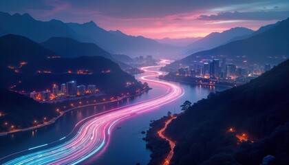 Wall Mural - colorful river flows through city surrounded by hills. night view with city lights. light trails sho