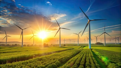 Wind turbines farm producing clean energy under the sunlight, wind power, renewable energy, green energy