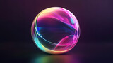 Volumetric spherical 3d sphere with transparent holographic and neon effect with iridescent multi-colored shades on a black background. Chromatic. Illustration