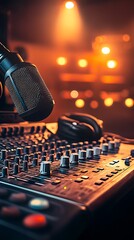 Poster - Modern audio recording studio with microphone headphones and soundboard in warm cozy lighting : Generative AI