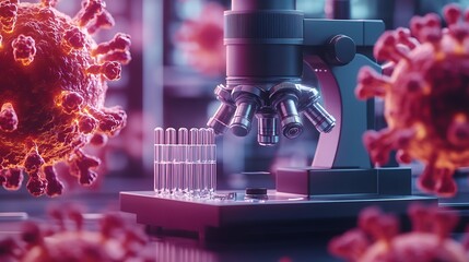 Poster - Microscopic View of Virus Particles and Laboratory Microscope in Scientific Research Setting : Generative AI
