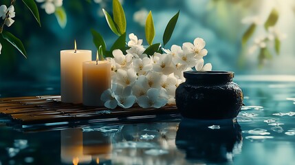 Poster - Elegant spa scene with candlelight and blossoms over water showcasing tranquility and beauty for relaxation themes : Generative AI