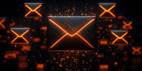 Fototapete - Glowing Orange Email Icons Floating in a Dark Digital Environment : Generative AI