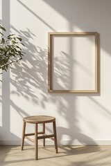 Poster - Bright Minimalist Interior Design with Plant and Wooden Frame Casting Shadows : Generative AI