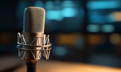 Poster - Close-Up of a Modern Microphone in a Dimly Lit Recording Studio Environment : Generative AI