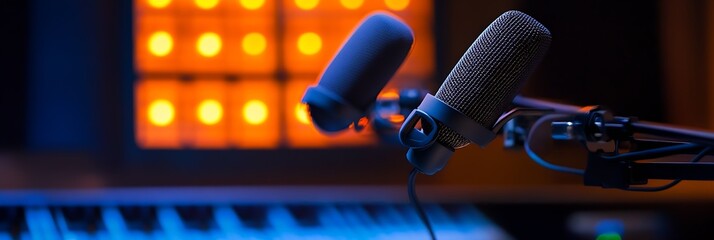 Poster - Studio microphones in vibrant setting ideal for podcast creation and audio recording solutions : Generative AI
