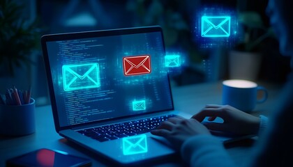 Aufkleber - Digital Communication Concept with Glowing Email Icons and Programming Code : Generative AI