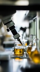 Poster - Laboratory microscope close-up with beakers containing golden liquid for scientific research : Generative AI