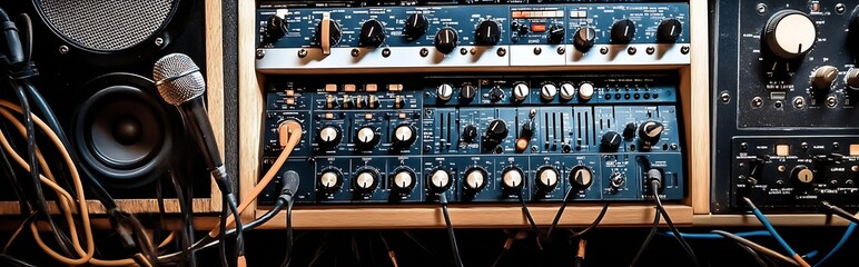 Poster - Close-Up of Professional Audio Equipment in Music Studio with Various Controls and Microphone : Generative AI