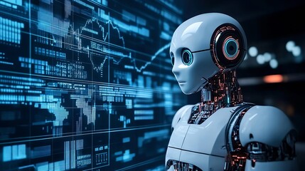 Fototapete - Humanoid Robot Interpreting Graphs in Modern Technological Setting with Digital Screen : Generative AI