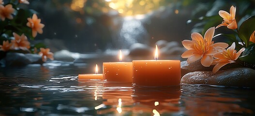 Aufkleber - Peaceful Water Oasis with Illuminated Candles and Blossoms by a Cascading Waterfall : Generative AI