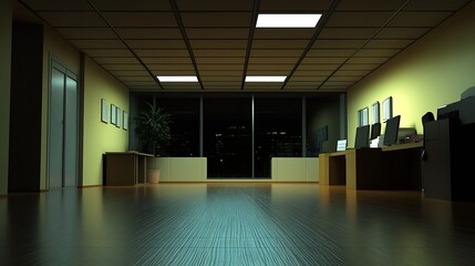 Poster - Minimalist and Modern Office Interior at Night with City Skyline in Background : Generative AI