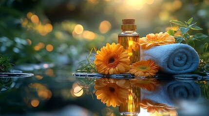 Aufkleber - Peaceful Garden Spa with Sunlit Daisies Aromatherapy and Reflective Waters : Generative AI