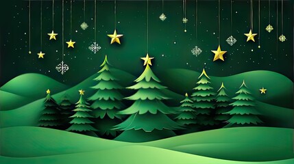 Poster - Elegant green background with paper cut Christmas trees and stars, refined holiday decor theme with subtle depth and soft lighting effects
