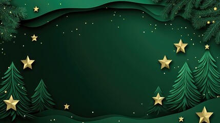 Poster - Elegant green background with paper cut Christmas trees and stars, refined holiday decor theme with subtle depth and soft lighting effects