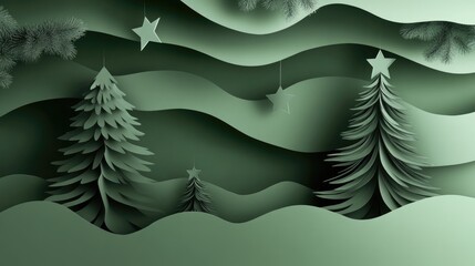 Poster - Elegant green Christmas background with paper cut tree shapes and star decorations, minimalist festive theme, warm, soft lighting, shadows for depth
