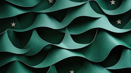 Poster - Elegant green Christmas background with paper cut tree shapes and star decorations, minimalist festive theme, warm, soft lighting, shadows for depth
