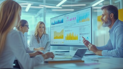 Poster - Collaborative Business Meeting Focusing on Data Analysis and Strategy in Office Environment : Generative AI