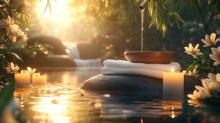 Poster - Calm Waterside Spa Scene with Candle Glow and Delicate Flowers : Generative AI