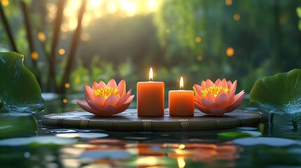 Poster - Floating Candles and Lotus Amid Nature for Relaxation and Peaceful Atmosphere : Generative AI