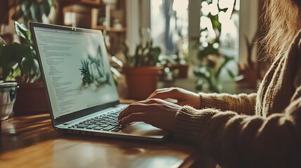 Poster - Freelancer Immersed in Coding Project on Laptop at Serene Green Workspace with Sunlit Indoor Plants : Generative AI