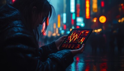 Poster - Focused Individual Analyzing Stock Market Trends on Tablet in Vibrant City Night : Generative AI