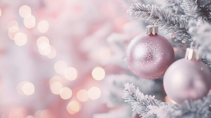 Wall Mural - Festive Christmas tree background with pink ornaments, glowing pink bokeh lights in the background and free copy space for text placement