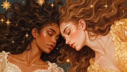 Wall Mural - two women with long, wavy hair, nuzzling close together. They are adorned in ornate, golden clothing with intricate designs, and the background is filled with sparkling stars and go