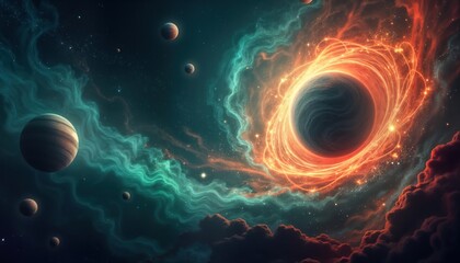 Aufkleber - Cosmic scene shows celestial body with swirling cosmic colors. Otherworldly elements surround central celestial body. Colorful nebulae, planets populate space. Generative AI art style. Dynamic space.