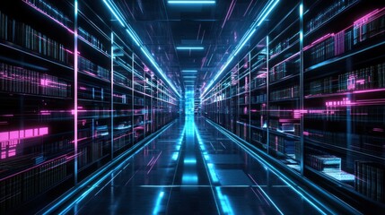Poster - A futuristic library with neon lighting and digital aesthetics.
