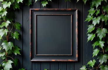 Aufkleber - Elegant empty sign frame on dark wooden wall with climbing plants. Stylish mock-up for store bar cafe restaurant branding. Modern design. Luxury feel. Suitable for eatery branding. Natural elements