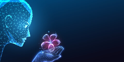 Wall Mural - nature and technology harmony futuristic concept with glowing digital flower in ai silhouette hand