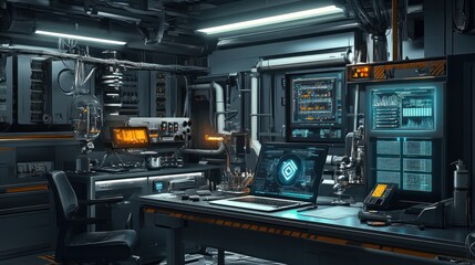 Poster - A high-tech workspace featuring advanced equipment and a computer setup.