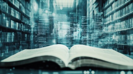 Poster - An open book in a library, surrounded by digital data and technology elements.