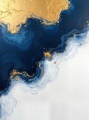 Aufkleber - Abstract art piece with flowing white, navy blue patterns. Gold accents add touch of luxury. Fluid brushstrokes create textured surface on canvas. Design evokes sense of movement, depth. Suitable for