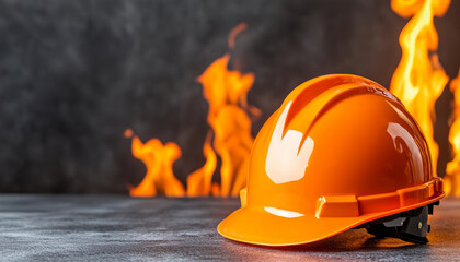 fire alarm manual system. bright orange safety helmet rests on surface with flames in background, sy
