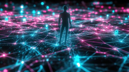 Poster - A silhouette stands amidst a vibrant network of glowing connections, symbolizing technology and data.