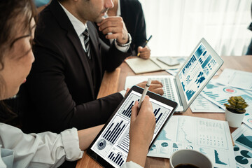 Poster - Financial data analysis dashboard by Fintech BI or business intelligence display on laptop and tablet to in-depth financial data analysis by business people planning on marketing. Habiliment