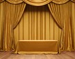 © kim - Podium under golden fabric curtain cover. Realistic  illustration of cube stand or box of various sizes hidden in gold silk or satin waved cloth. Ai generated images