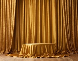 Podium under golden fabric curtain cover. Realistic  illustration of cube stand or box of various sizes hidden in gold silk or satin waved cloth. Ai generated images