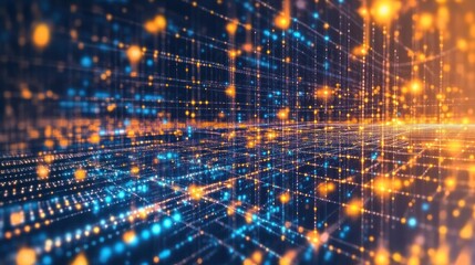 Poster - Abstract digital landscape with glowing particles representing data flow and technology.