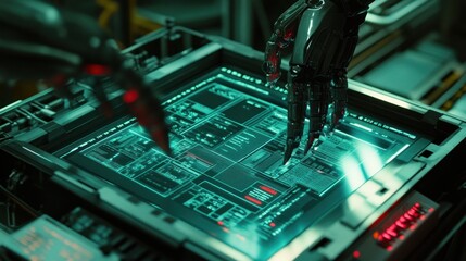 Poster - A robotic hand interacts with a glowing control panel displaying complex data.